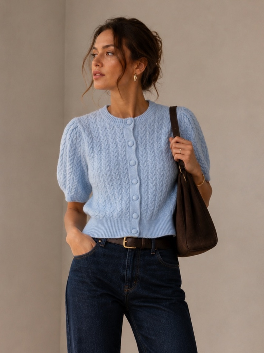 Sincerely Jules | S | Baby Blue Cable Knit Short-Sleeve Cardigan Sweater - Picture 3 of 7